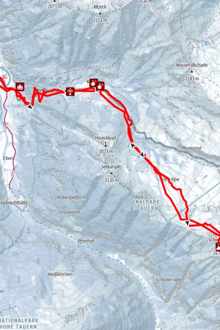 Wanderroute im Nationalpark Hohe Tauern mit Höhenangaben und Sehenswürdigkeiten