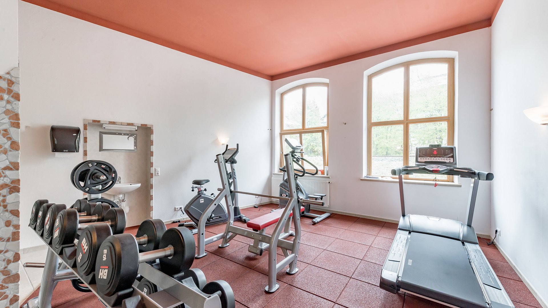 Gym room with dumbbells, treadmill, exercise bike, and weight bench