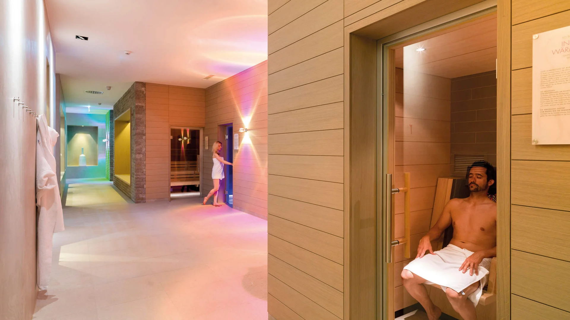 Dolomitengolf Hotel & Spa ****S © Martin Lugger Mann entspannt in Sauna, Frau öffnet Tür zum Wellnessbereich