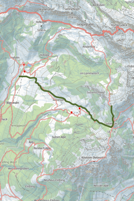 Karte mit Wanderweg von Marzegg nach Sulzern mit Höhenangaben und Gelände
