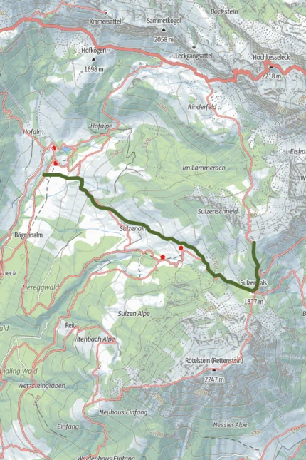 Karte mit Wanderweg von Marzegg nach Sulzern mit Höhenangaben und Gelände