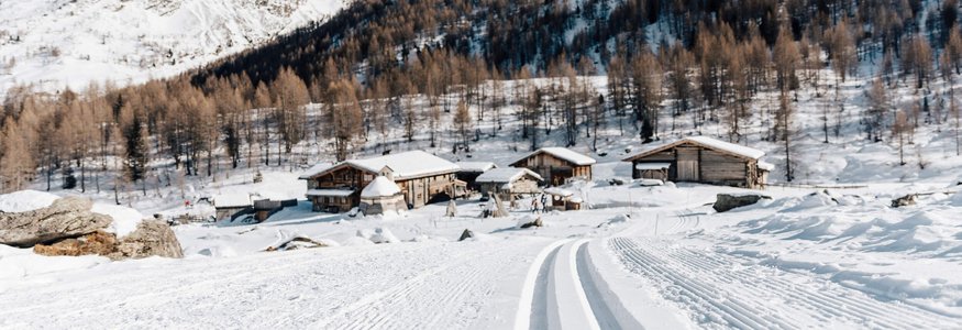 Langlaufloipe führt zu verschneiten Hütten und Bergen unter klarem Himmel