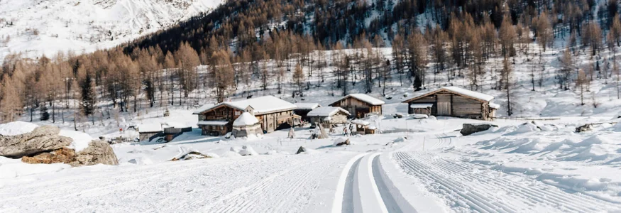 Passeiertal Valley © Tourismusverein Passeiertal - Benjamin Pfitscher Cross-country ski trail leading to snowy cabins and mountains under clear sky