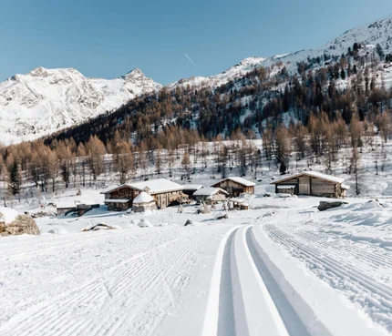 Passeiertal © Tourismusverein Passeiertal - Benjamin Pfitscher Langlaufloipe führt zu verschneiten Hütten und Bergen unter klarem Himmel