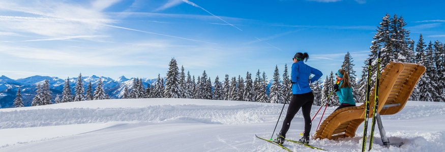 Two cross-country skiers in snow with snowy trees and mountains in background