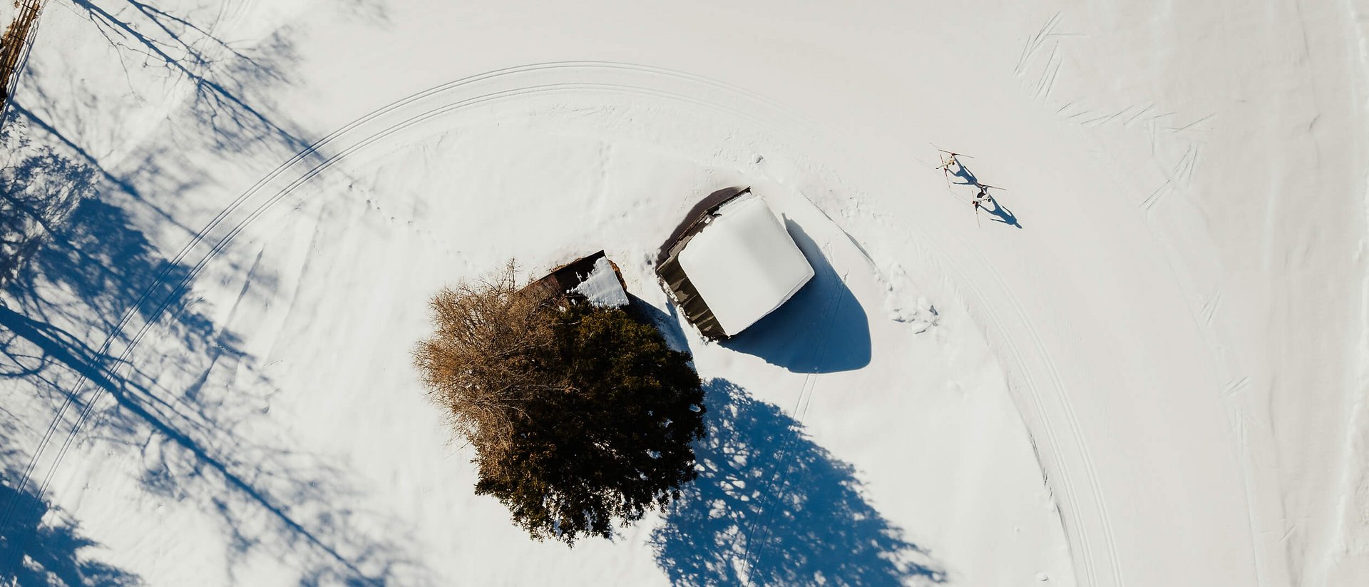 Vogelperspektive auf schneebedecktes Haus und Baum mit Langläufern