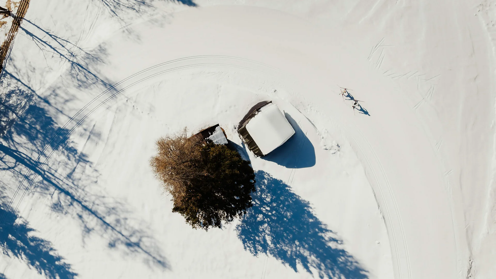 Winterurlaub in der Lombardei © Alex Moling Vogelperspektive auf schneebedecktes Haus und Baum mit Langläufern