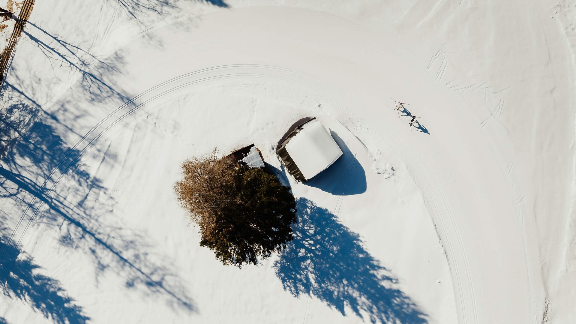 Vogelperspektive auf schneebedecktes Haus und Baum mit Langläufern