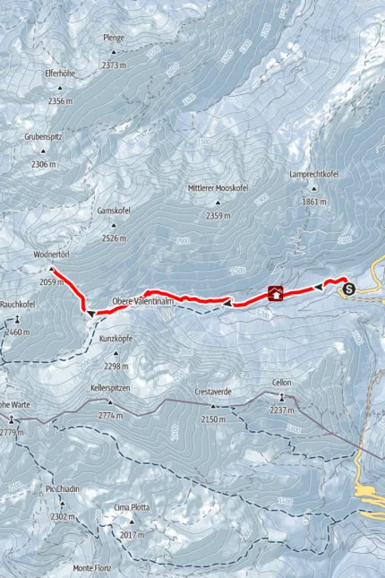 Wanderkarte mit Route von Kreuzberg zur Valentinalm, Höhenangaben und Straßen