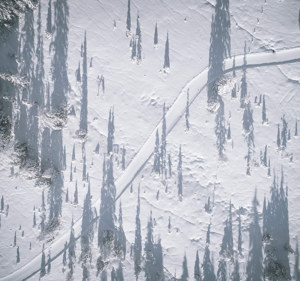 Cross-Country-Liebe Kronplatz © Manuel Kottersteger Luftbild einer verschneiten Landschaft mit langen Schatten von Bäumen