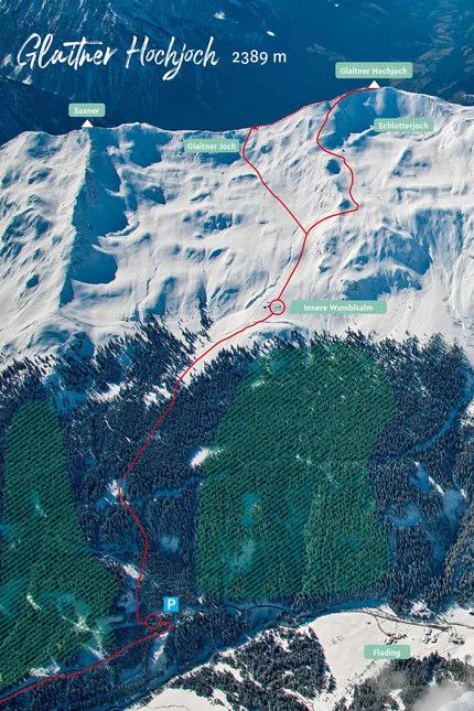 Glaitner Hochjoch (2.389 m) © Ratschings Tourismus Vogelperspektive auf verschneite Berge mit Wanderwegen und Beschilderung Glaitner Hochjoch
