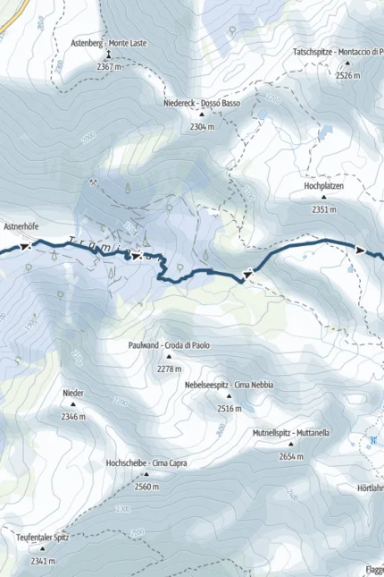 Wanderweg von Astnerhöfe nach Sulzspitze auf topografischer Karte