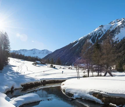 Snow-covered valley with mountains, river, and person cross-country skiing