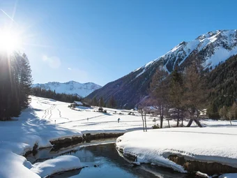 Snow-covered valley with mountains, river, and person cross-country skiing