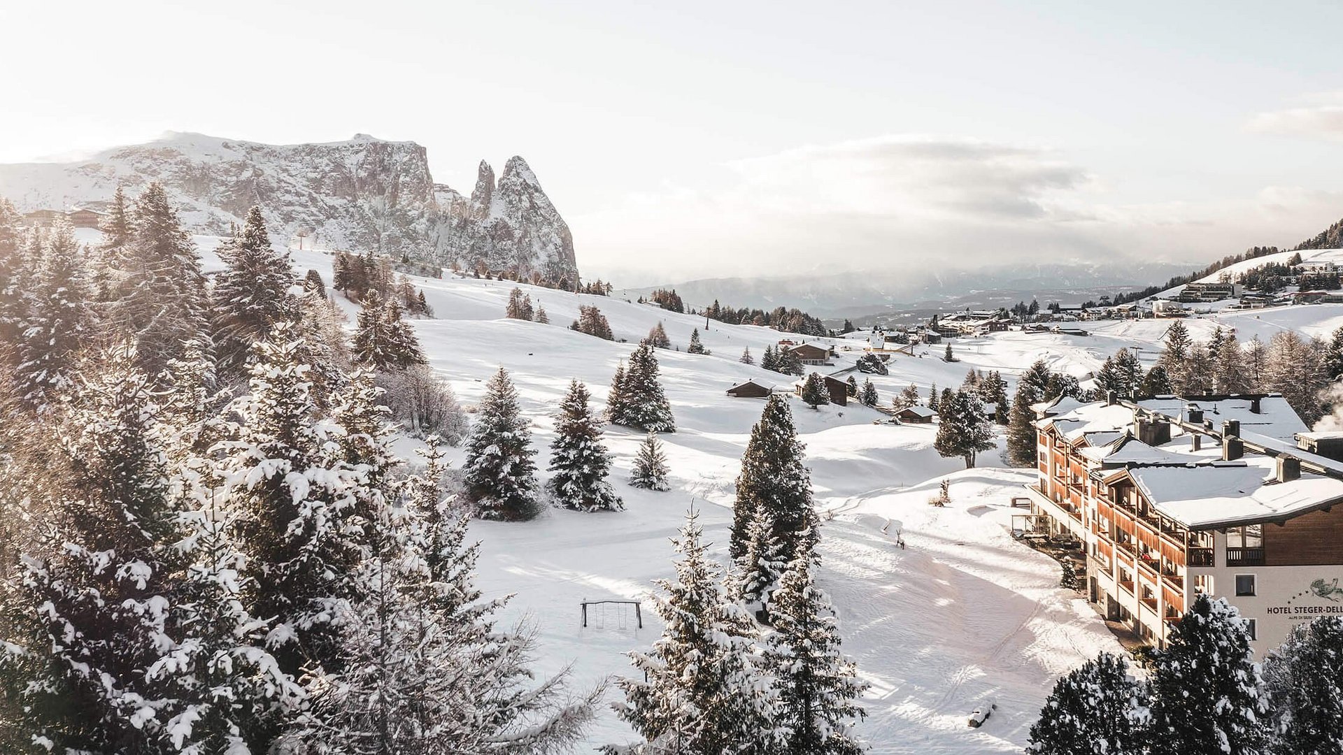 Winterlandschaft mit schneebedeckten Bäumen und Berghotel