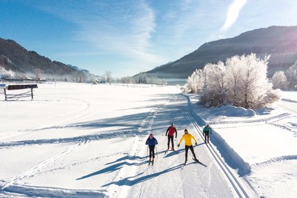 Vier Skifahrer auf einer Loipe in winterlicher Berglandschaft bei Sonnenschein
