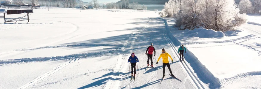 Slow Down in Slowenien © Nordic Center Planica Vier Skifahrer auf einer Loipe in winterlicher Berglandschaft bei Sonnenschein