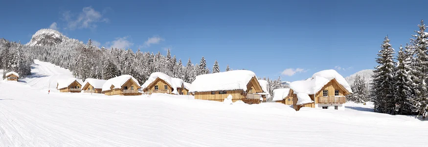 Snow-covered wooden cabins and trees under a clear blue sky