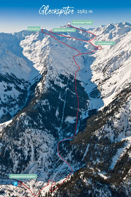 Gleckspitze (2.583 m) © Ratschings Tourismus Vogelperspektive auf verschneite Gleckspitze mit Wanderwegen und Beschriftungen