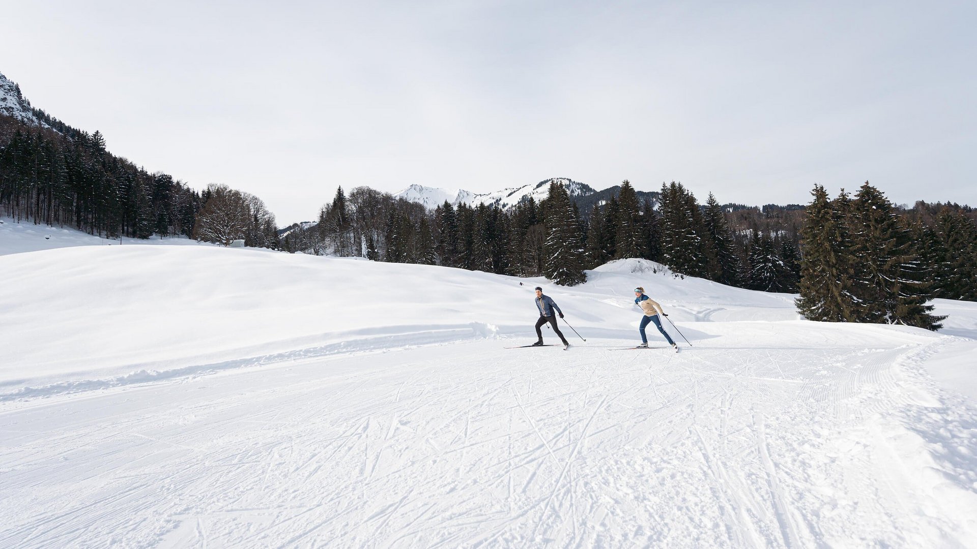 Zwei Personen beim Langlaufen in verschneiter Berglandschaft mit Tannen