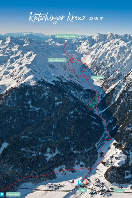 Aerial view of snowy mountains with hiking trail to Ratschinger Kreuz 2359 m
