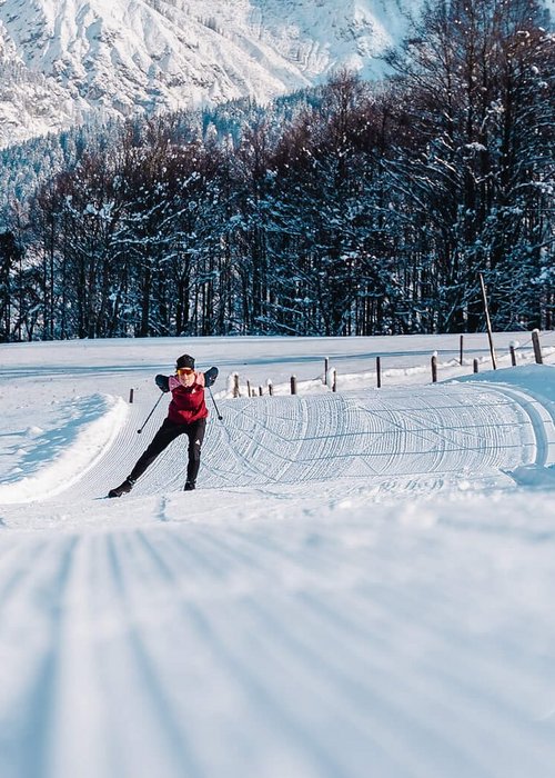 Langläufer auf verschneiter Loipe vor schneebedeckten Bergen