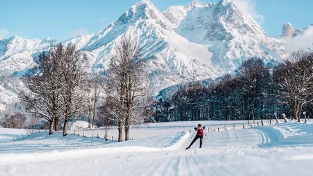 Cross-country skier on snowy trail with snow-covered mountains in background