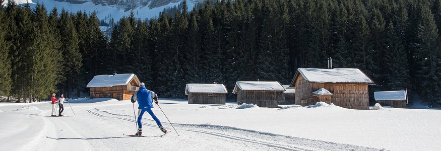 Cross-country skiers near snowy cabins with mountain backdrop on sunny winter day