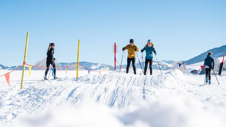 Vier Menschen beim Langlaufen auf verschneiter Strecke bei klarem Himmel