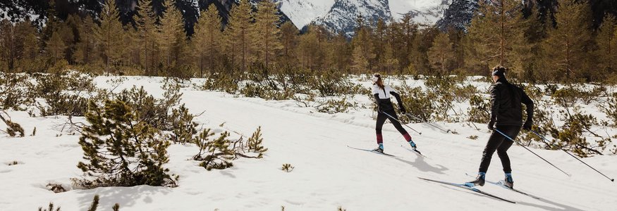 Zwei Langläufer im verschneiten Gebirgstal vor schneebedeckten Bergen
