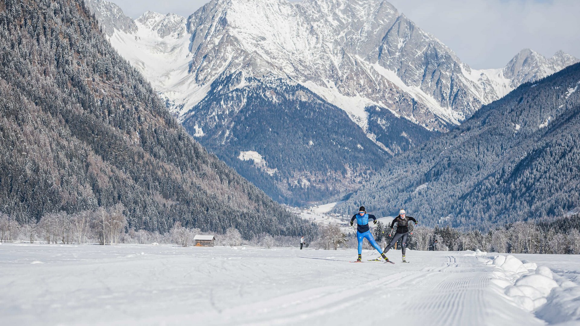 Cross-country skiers on snowy trail with mountain backdrop in winter scenery