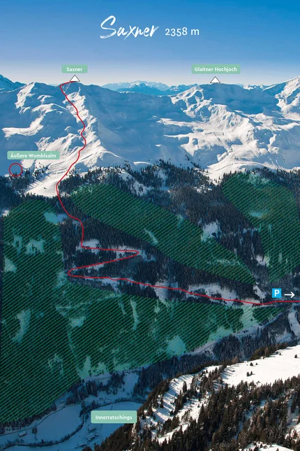 Saxner (2.358 m) © Ratschings Tourismus Luftaufnahme der verschneiten Saxner Berge mit markiertem Wanderweg und Parkplätzen