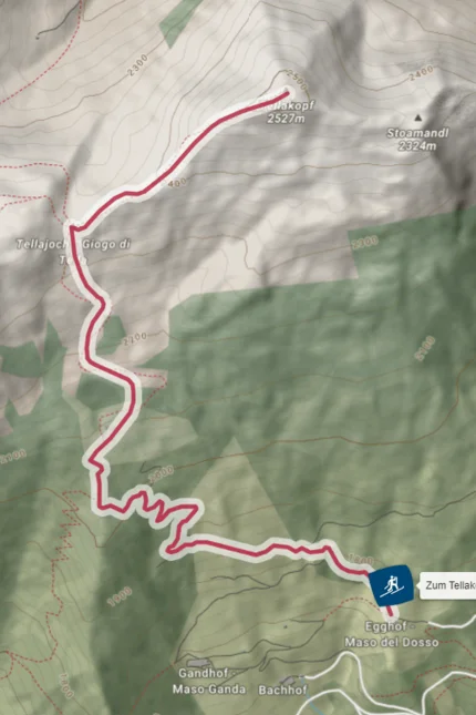 Wanderweg zum Tellakopf 2527m auf topografischer Karte im Winter