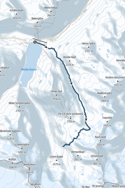 Hiking route map from Silvretta reservoir to various mountain peaks
