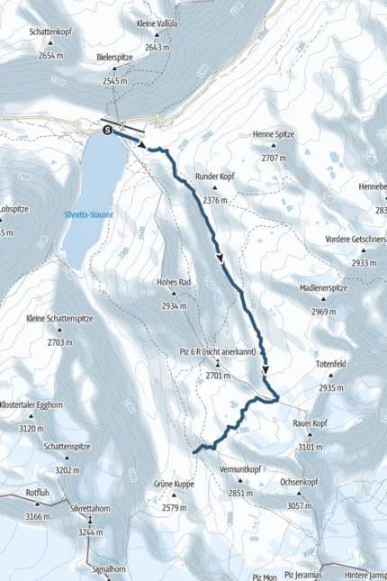 Wanderwegkarte vom Silvretta-Stausee zu mehreren Berggipfeln