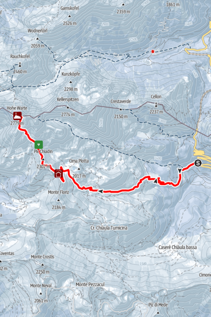 Hiking trail from Cantoniera to Hohe Warte on a mountain map