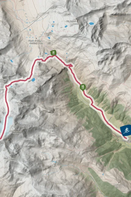Karte mit Winterroute auf den Piz Sesvenna und Gastronomie-Stationen
