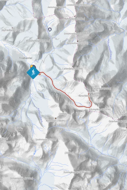 Karte mit Wanderweg in den schneebedeckten Alpenbergen