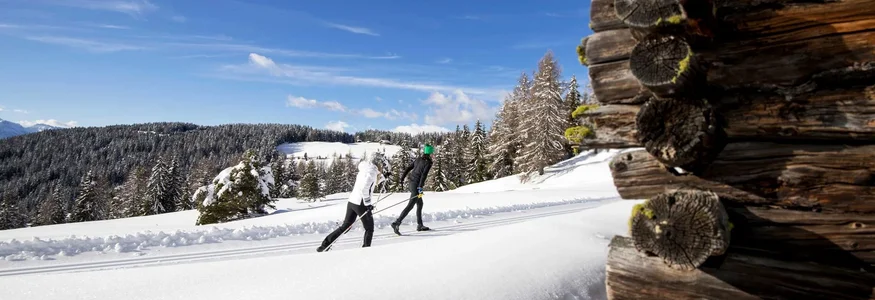 Hotel Brunnerhof © Alex Filz Zwei Menschen beim Langlaufski im verschneiten Wald bei klarem Himmel