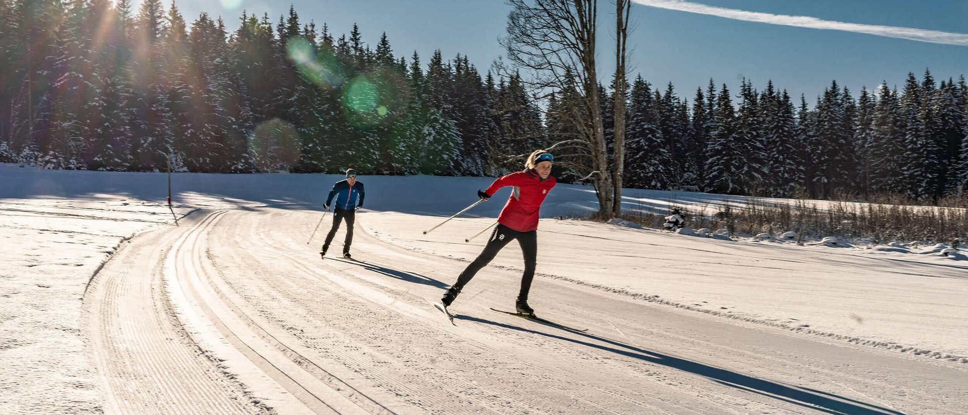 Zwei Personen beim Skilanglauf auf sonniger, verschneiter Strecke