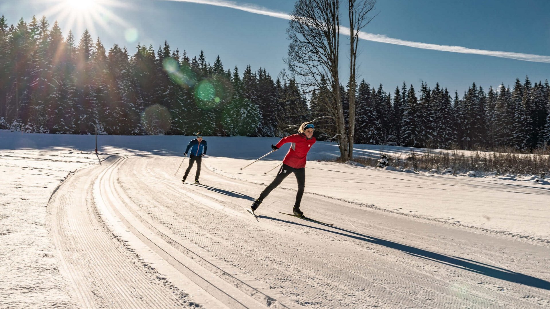 Two people cross-country skiing on a sunny snowy trail