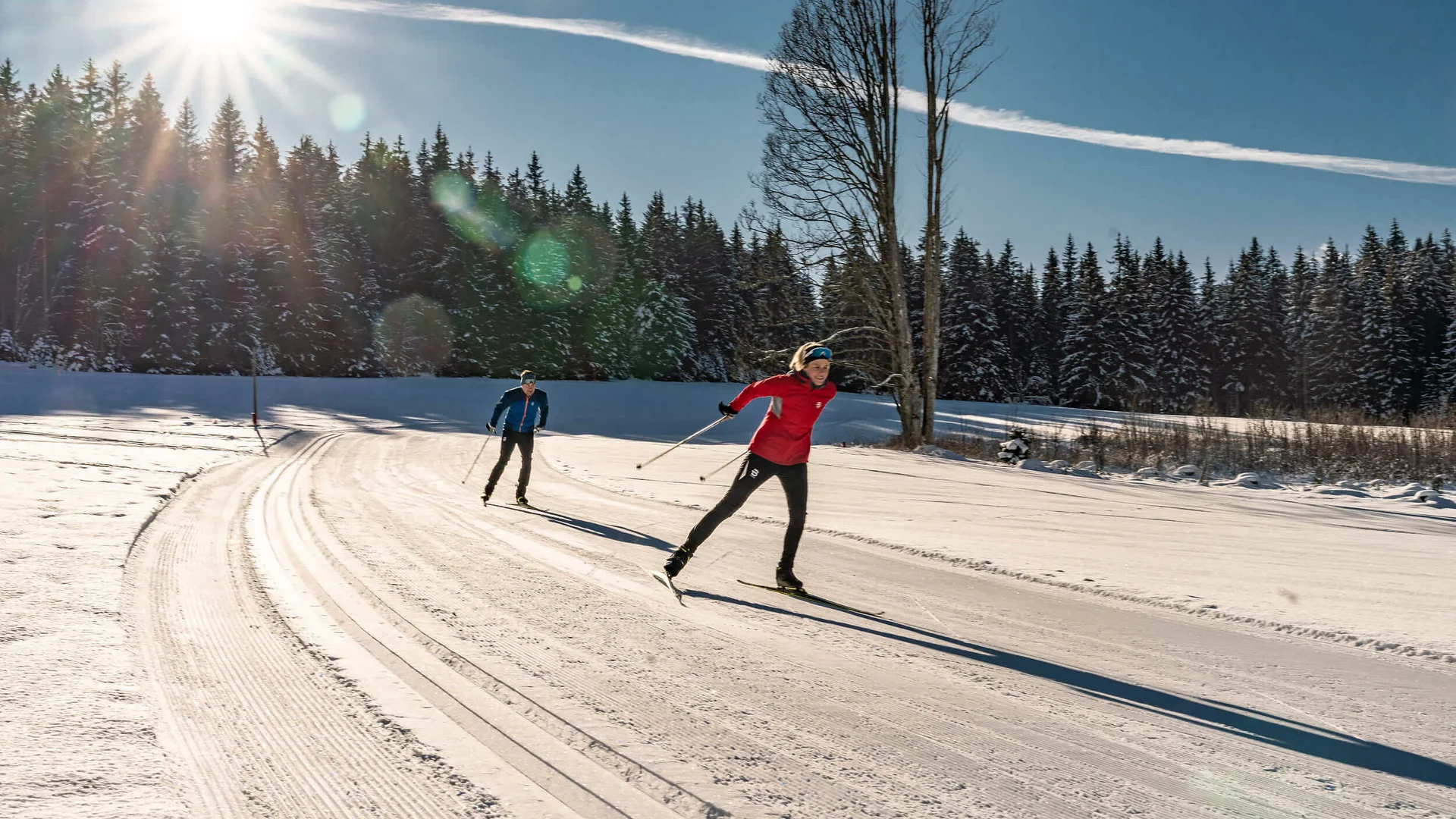 Loipen & Loipenbericht © TVB Schladming Dachstein - Christine Höflehner Zwei Personen beim Skilanglauf auf sonniger, verschneiter Strecke
