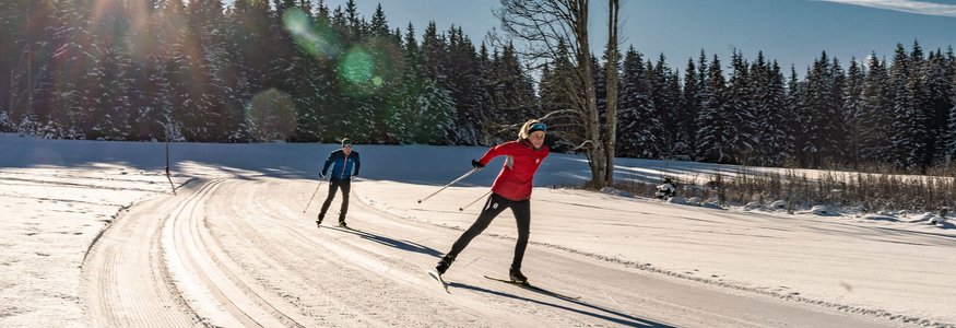 Zwei Personen beim Skilanglauf auf sonniger, verschneiter Strecke
