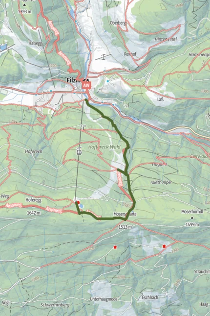 Wanderkarte einer Route von Filzmoos zu Moserscharte im Berggebiet