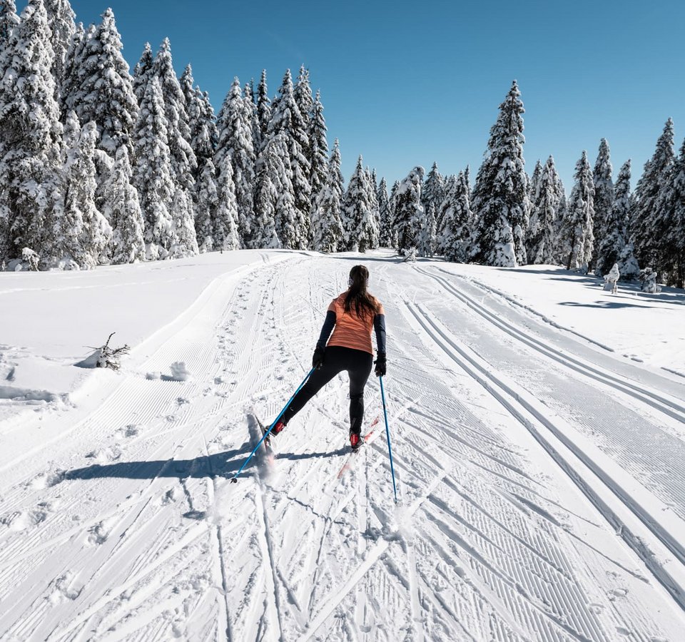 Frau beim Skilanglauf auf verschneiter Winterlandschaft mit Tannenbäumen