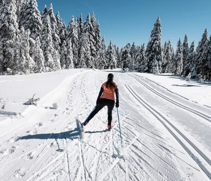 Frau beim Skilanglauf auf verschneiter Winterlandschaft mit Tannenbäumen