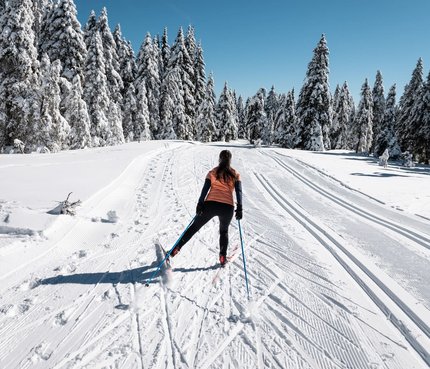Frau beim Skilanglauf auf verschneiter Winterlandschaft mit Tannenbäumen