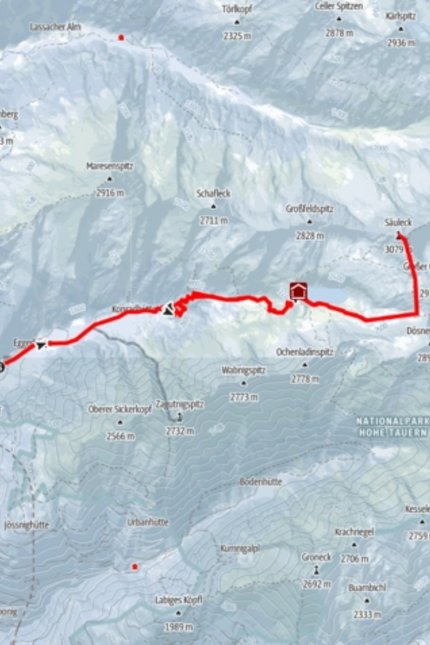 Hiking trail map of Lahner Säuleck in Hohe Tauern National Park