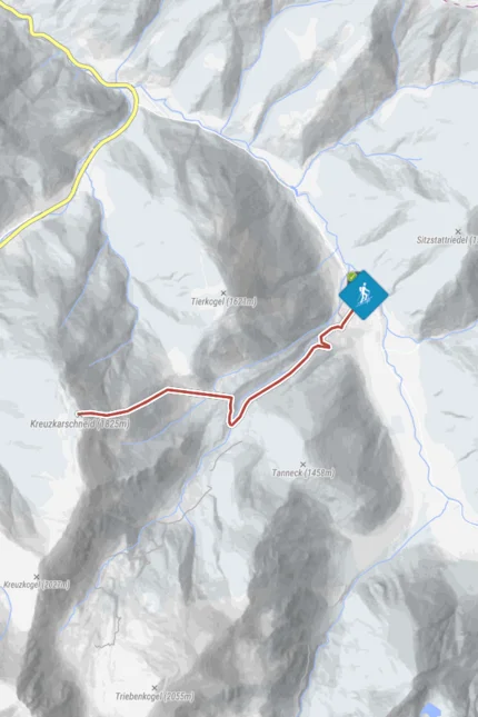 Map showing hiking trail in the mountains near Hohentauern