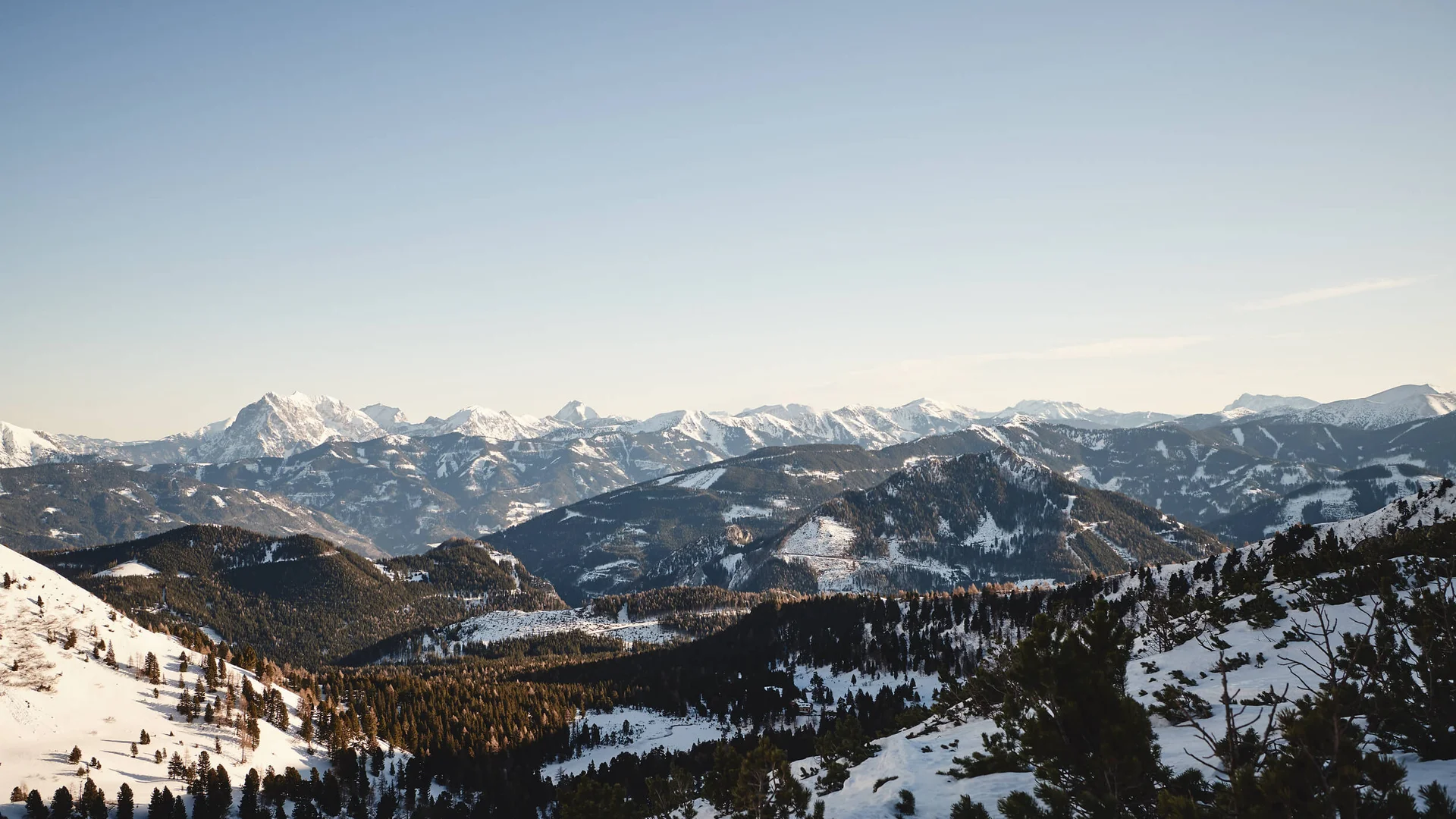 Schneebedeckte Berge und Wälder unter klarem Himmel